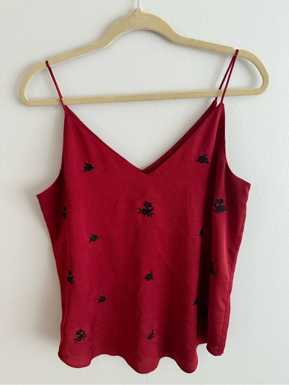 Express Red V-Neck Camisole with Black Floral Embroidery Size M